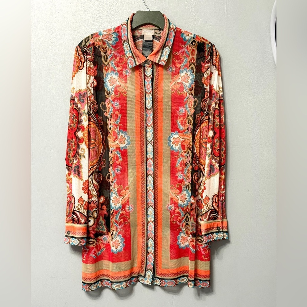 #5)  Multi Color Chico's Red and Orange Sheer Paisley Button Down Shirt